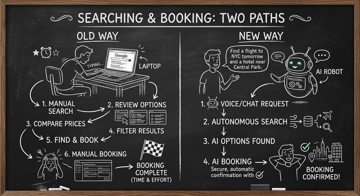 Two paths comparing old way of Google searching versus new way of AI agent discovery and booking