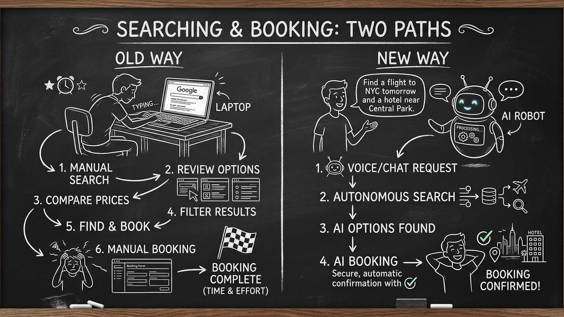 Two paths comparing old way of Google searching versus new way of AI agent discovery and booking