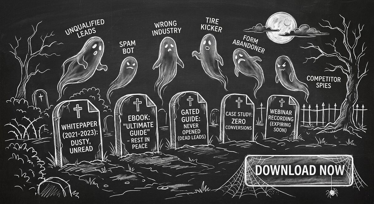 Graveyard of PDF lead magnets - whitepapers and ebooks as tombstones