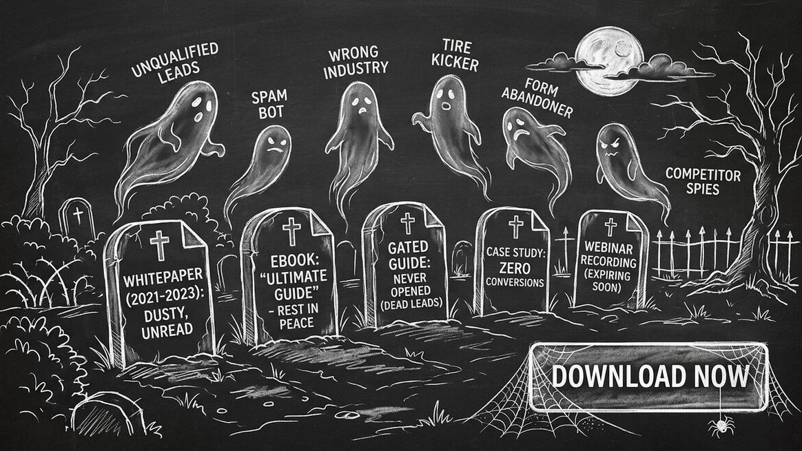 Graveyard of PDF lead magnets - whitepapers and ebooks as tombstones