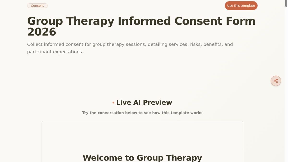 Dashform Group Therapy Informed Consent Form template page screenshot