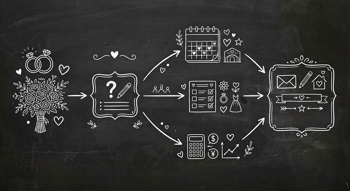 Chalkboard sketch illustration of wedding planner quiz funnel showing wedding rings connected to quiz questionnaire with branching paths
