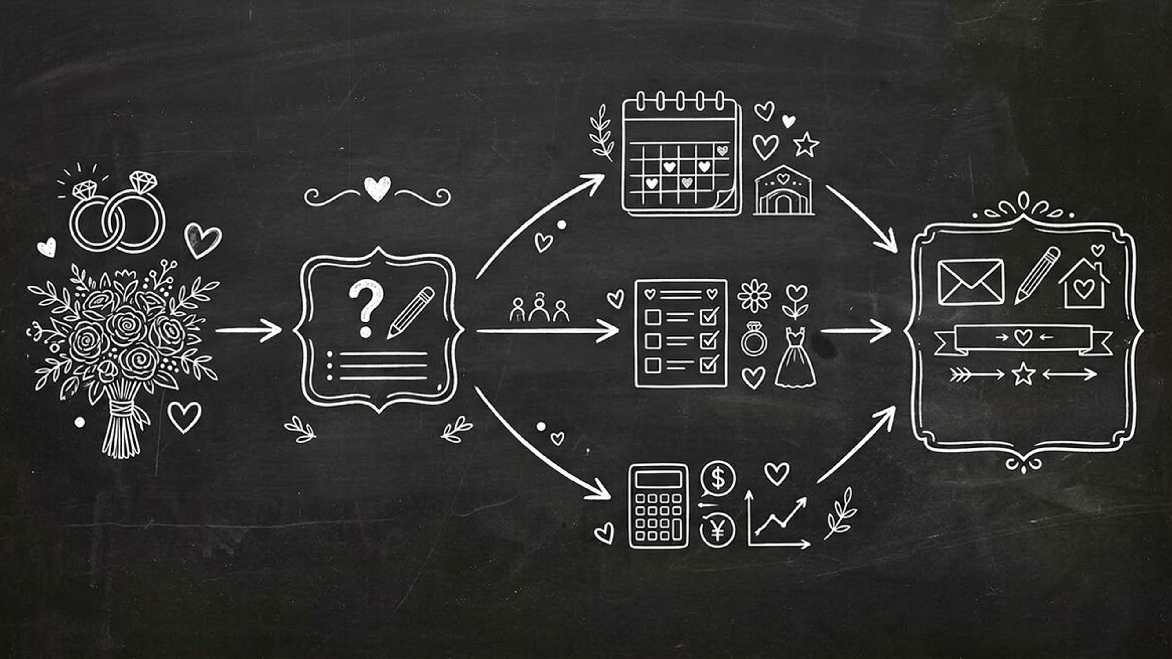 Chalkboard sketch illustration of wedding planner quiz funnel showing wedding rings connected to quiz questionnaire with branching paths