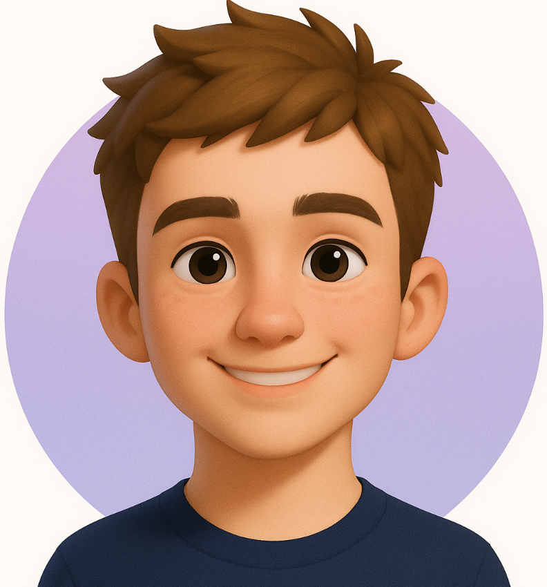 A smiling 3D animated boy with brown hair and eyes, wearing a dark blue shirt.
