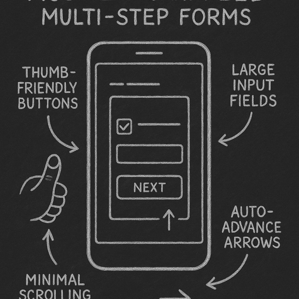 Chalkboard illustration showing mobile-optimized multi-step form with thumb-friendly buttons and one-question-per-screen layout