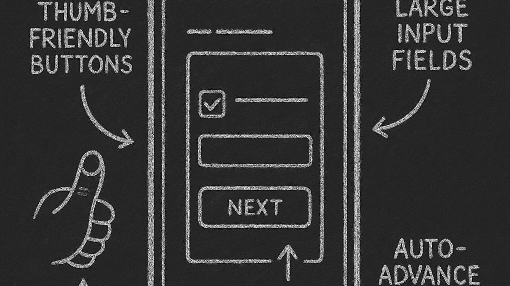 Chalkboard illustration showing mobile-optimized multi-step form with thumb-friendly buttons and one-question-per-screen layout