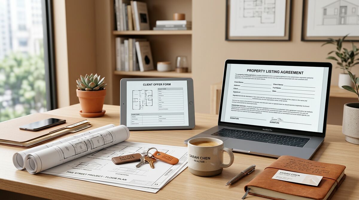 Real estate agent workspace with digital forms on laptop and tablet