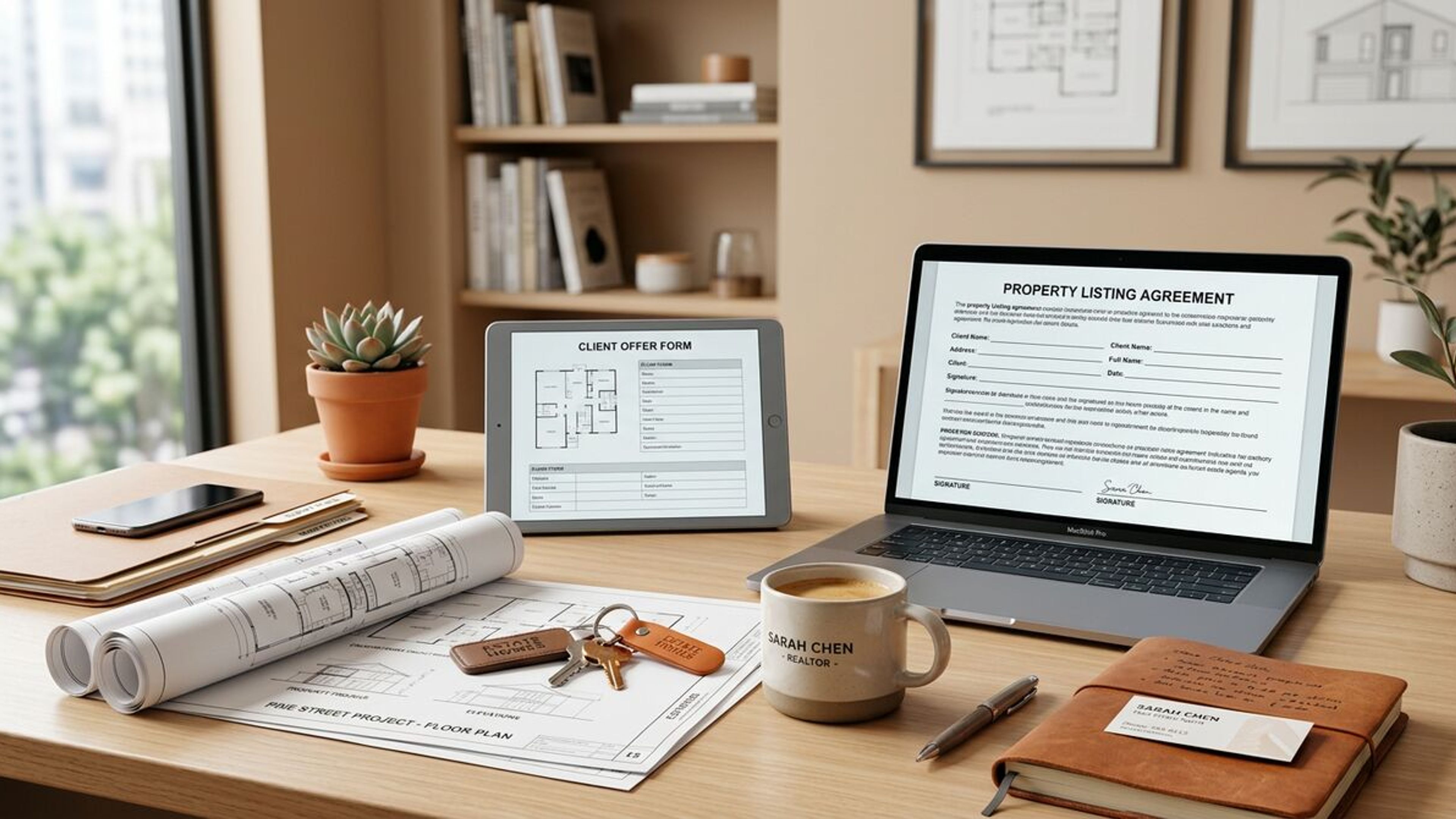 Real estate agent workspace with digital forms on laptop and tablet