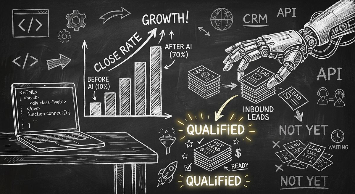 Chalkboard sketch showing web agency with rising close rate bar chart and AI robot sorting qualified leads
