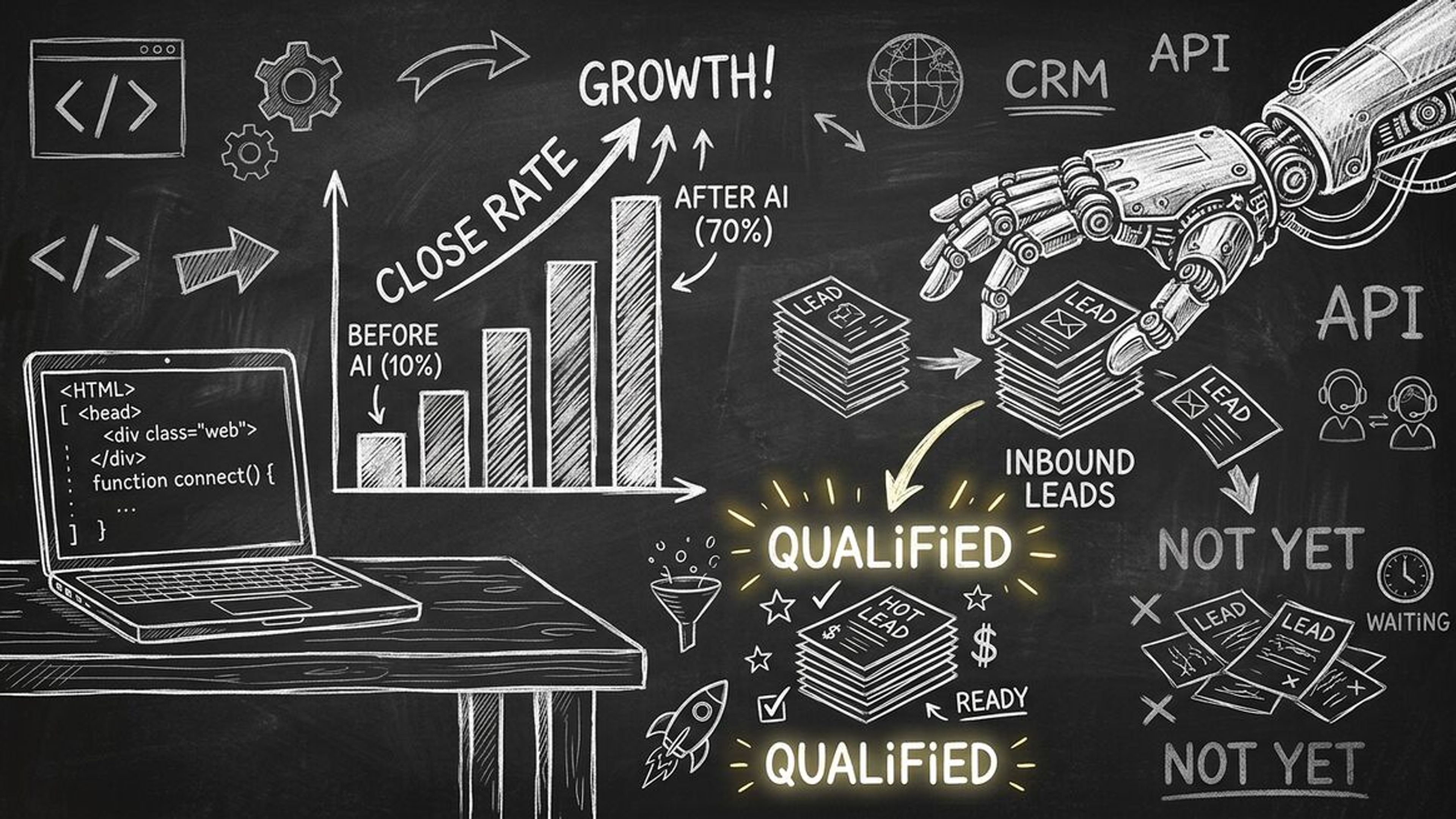 Chalkboard sketch showing web agency with rising close rate bar chart and AI robot sorting qualified leads