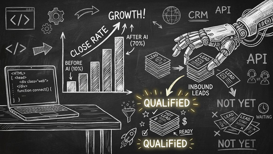 Chalkboard sketch showing web agency with rising close rate bar chart and AI robot sorting qualified leads