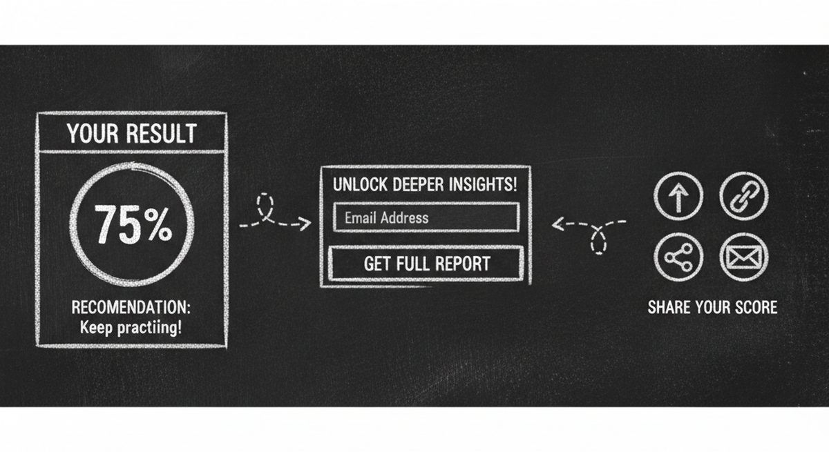 Chalkboard illustration showing quiz results page wireframe with personalized title, score display, recommendations, email capture CTA, and social sharing icons