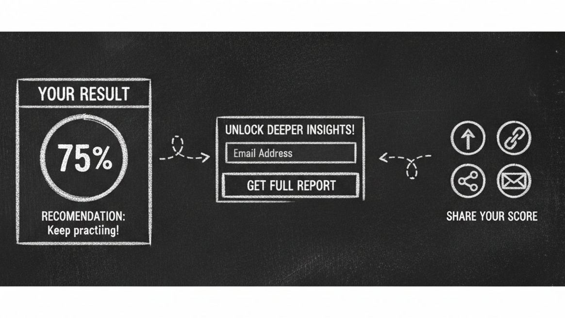 Chalkboard illustration showing quiz results page wireframe with personalized title, score display, recommendations, email capture CTA, and social sharing icons