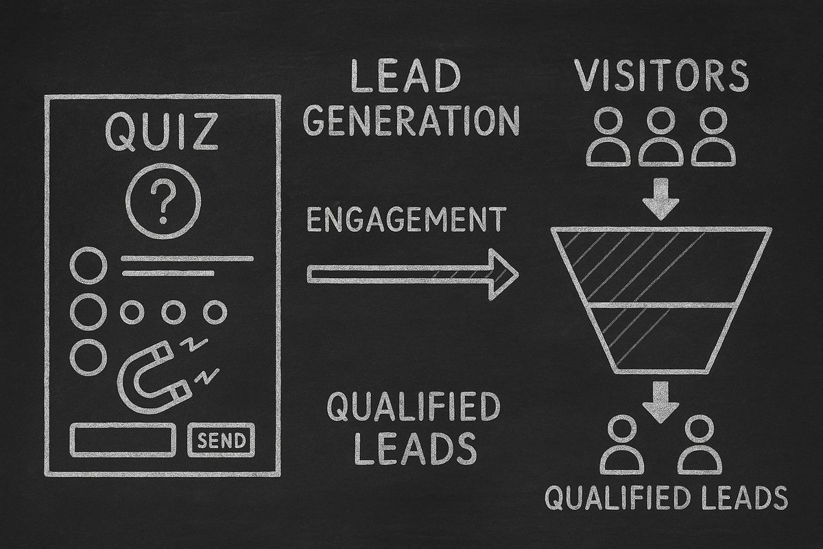 Lead generation quiz guide showing quiz interface, lead funnel, and email capture in chalkboard style illustration