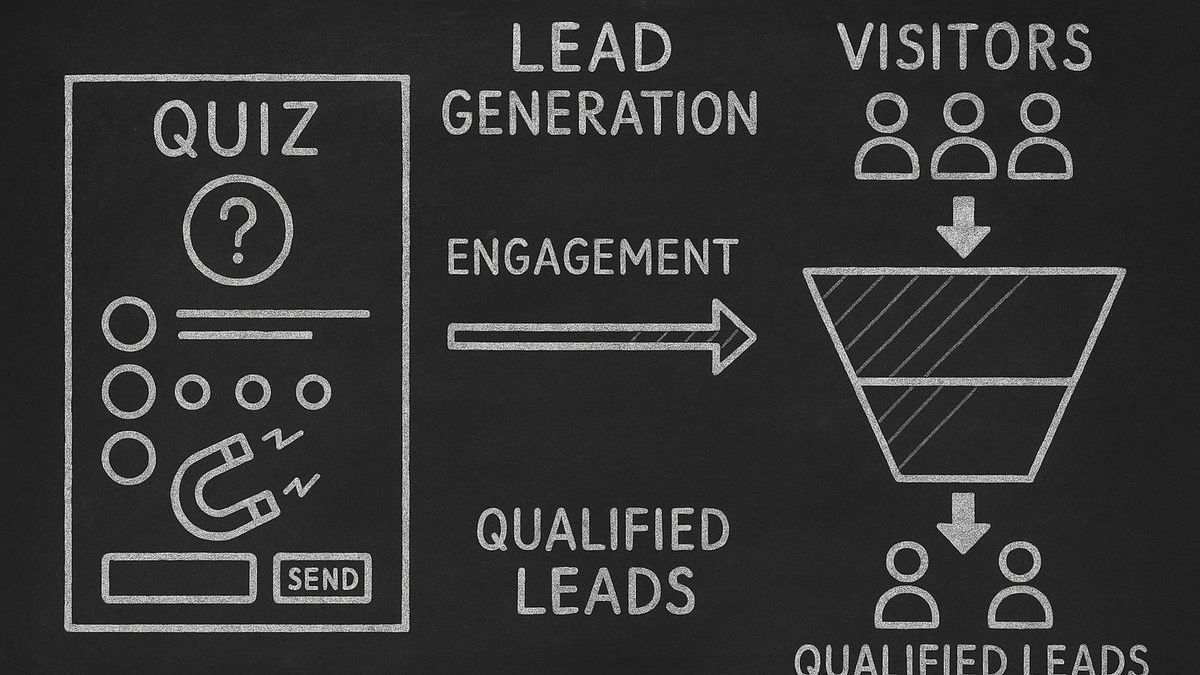 Lead generation quiz guide showing quiz interface, lead funnel, and email capture in chalkboard style illustration