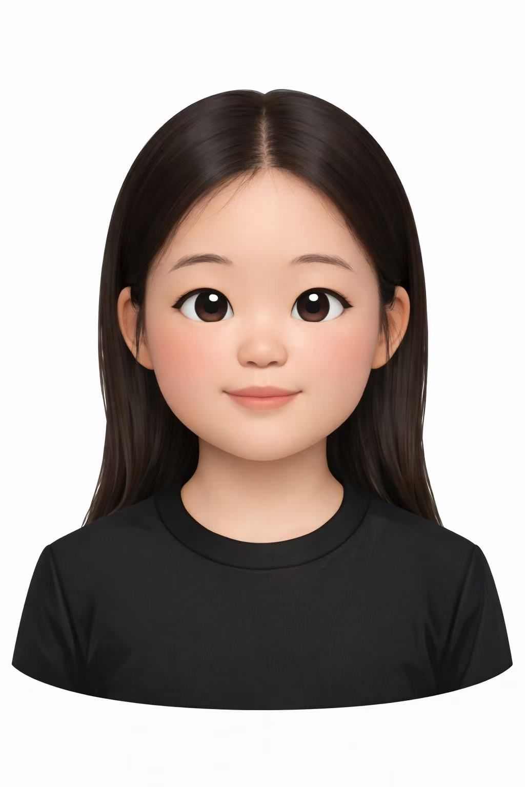 A smiling 3D avatar of a young girl with long dark hair, large brown eyes, and rosy cheeks, wearing a black t-shirt.