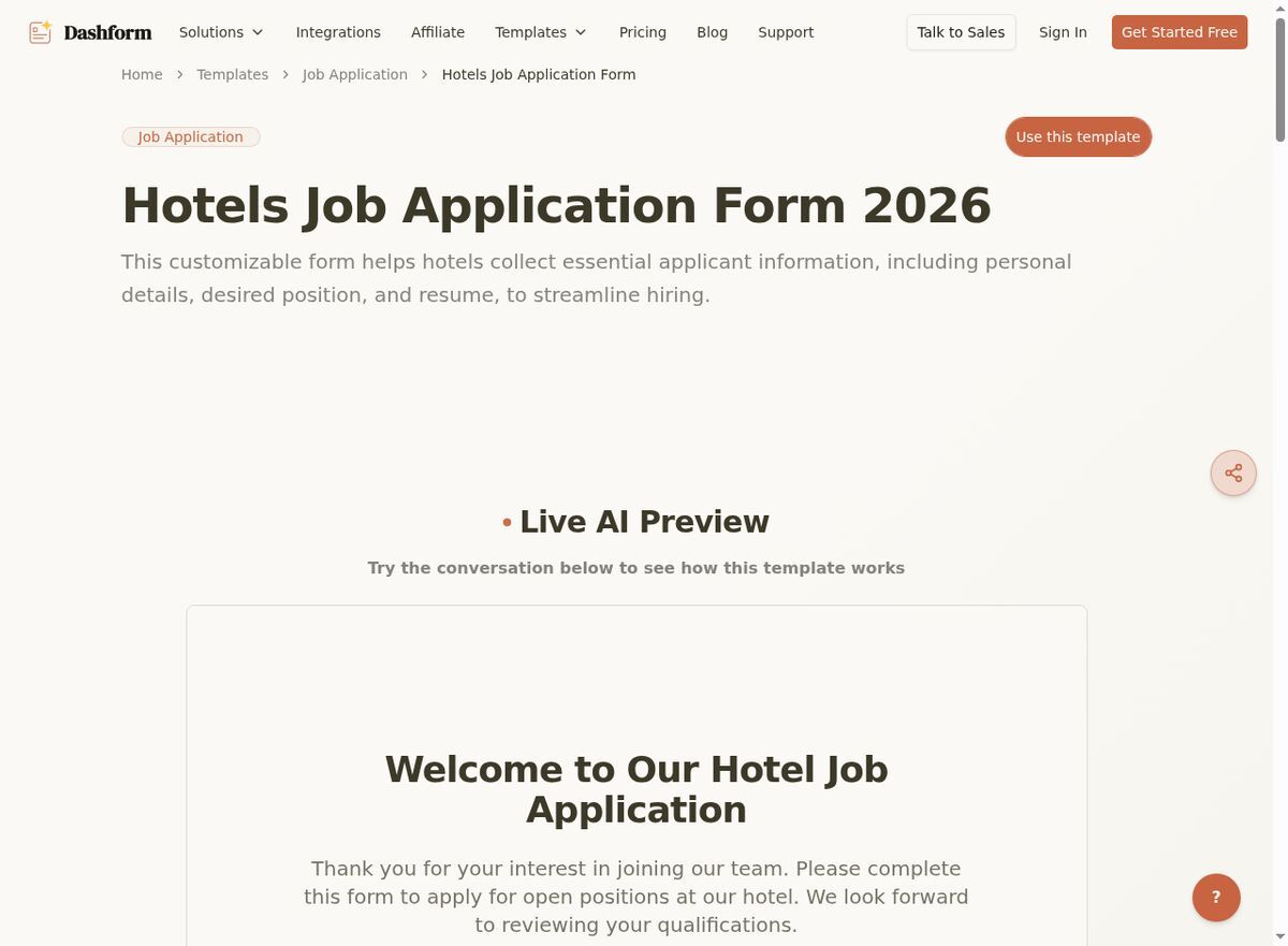 Dashform Industry-Specific Application Form template page screenshot
