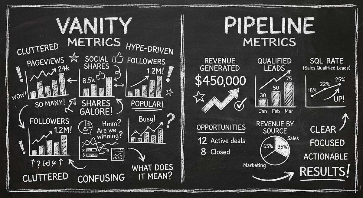 Vanity metrics vs pipeline metrics dashboard comparison