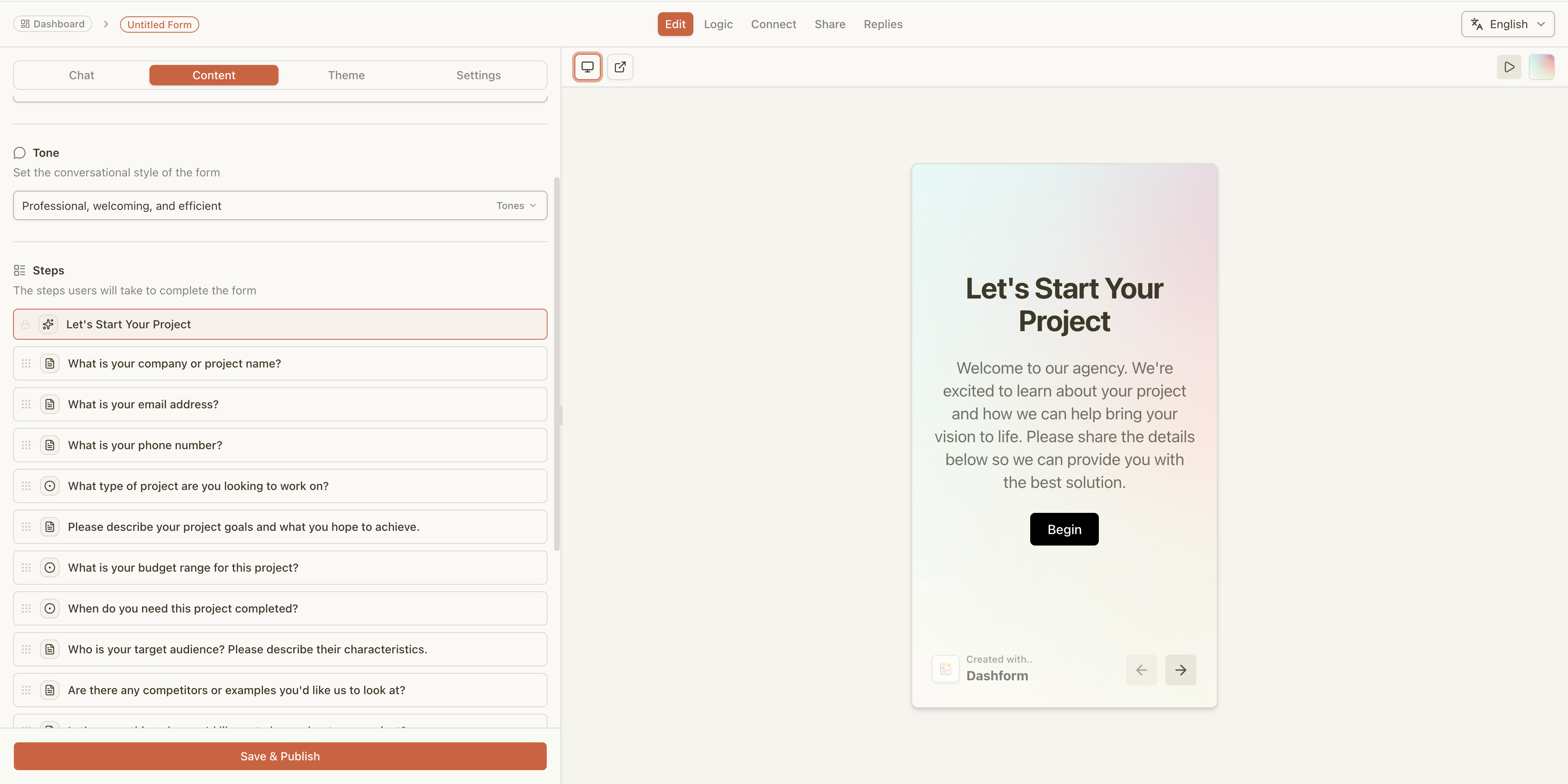 Dashform AI interface showing a form editor alongside a live preview of a guided intake form