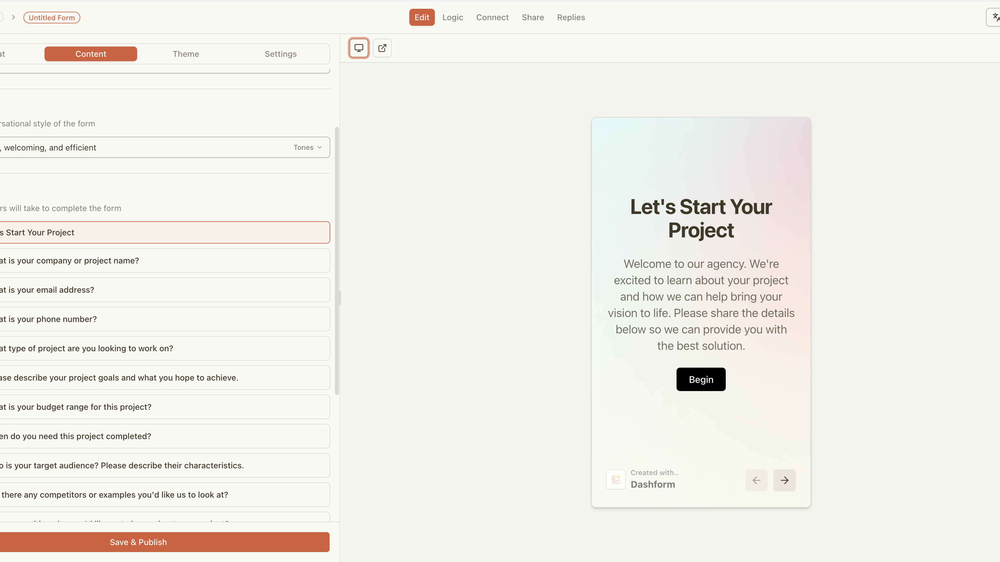 Dashform AI interface showing a form editor alongside a live preview of a guided intake form