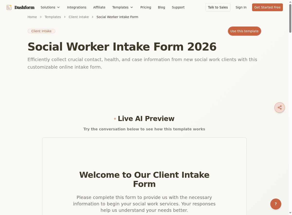 Dashform Social Worker Intake Form template page screenshot