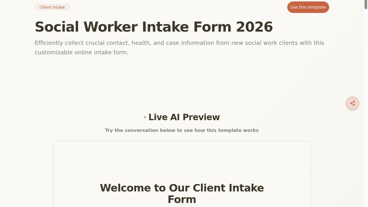 Dashform Social Worker Intake Form template page screenshot