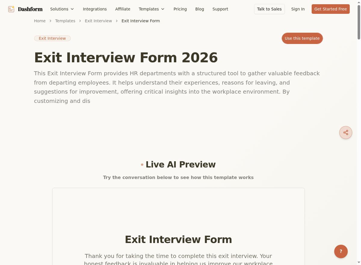 Dashform Exit Interview Form template page screenshot