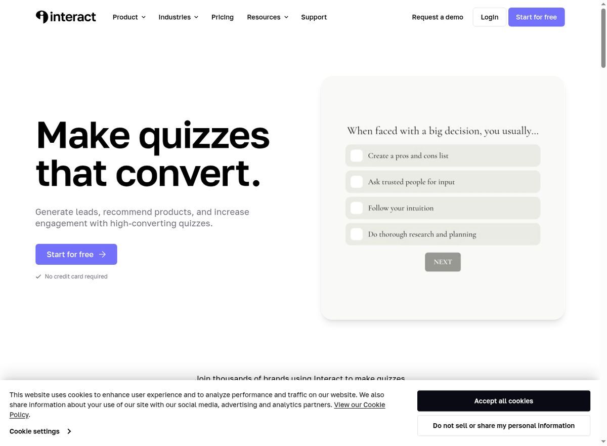 Interact homepage — quiz-focused lead generation platform