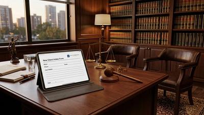 Sleek law office with digital client intake form on tablet