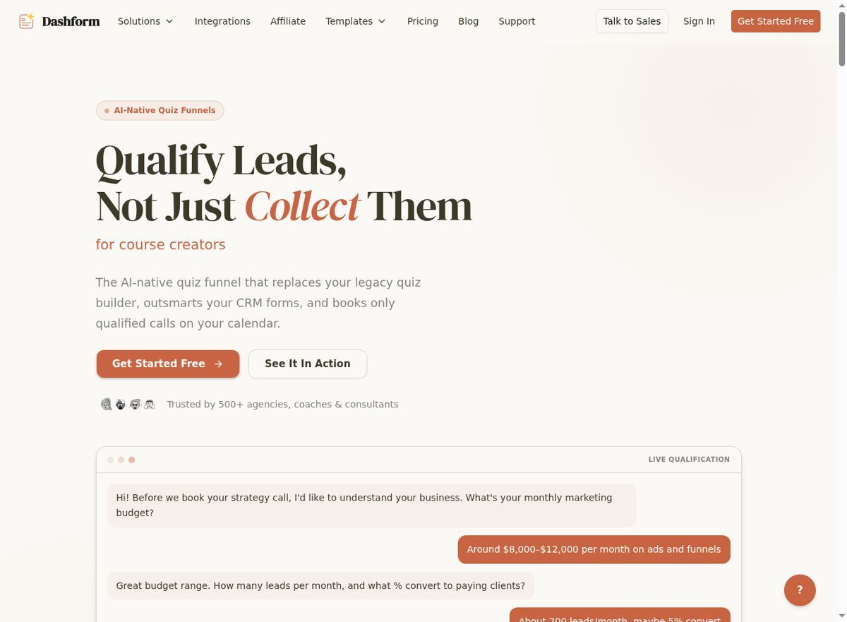Dashform AI Form homepage showing the AI-native quiz funnel builder interface