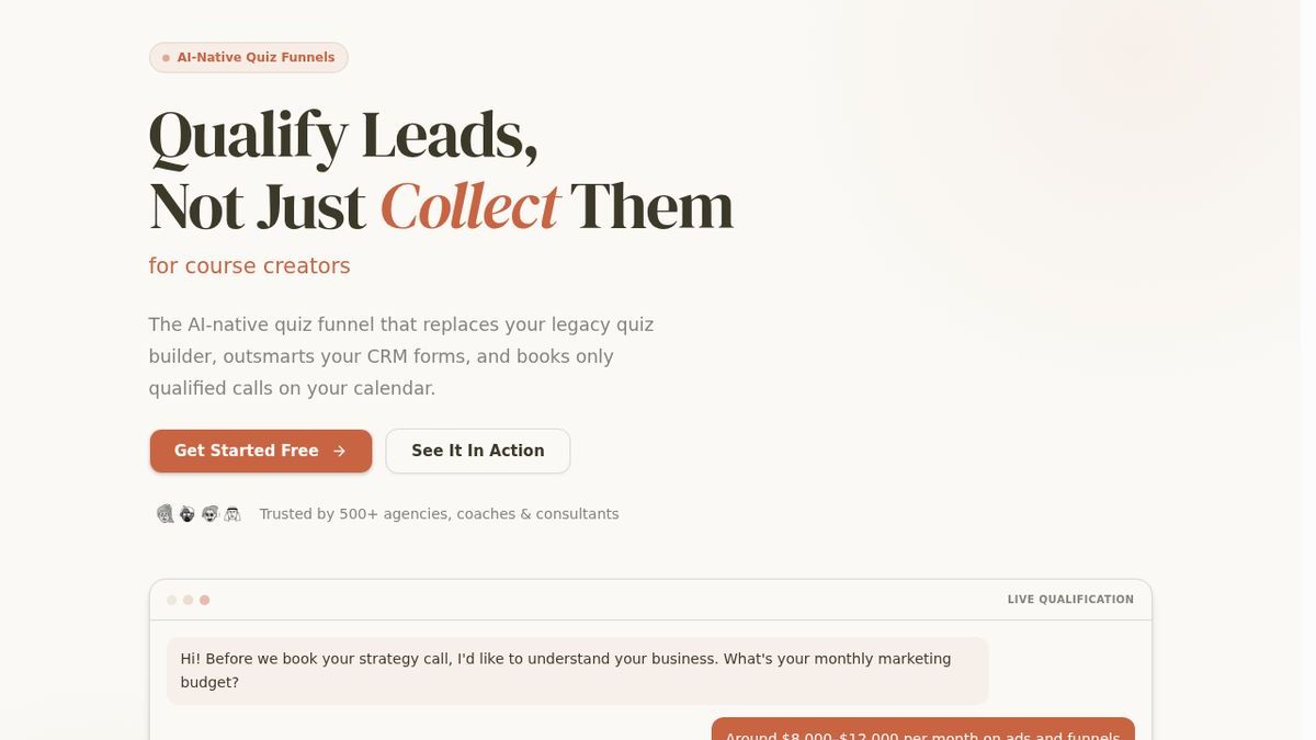 Dashform AI Form homepage showing the AI-native quiz funnel builder interface