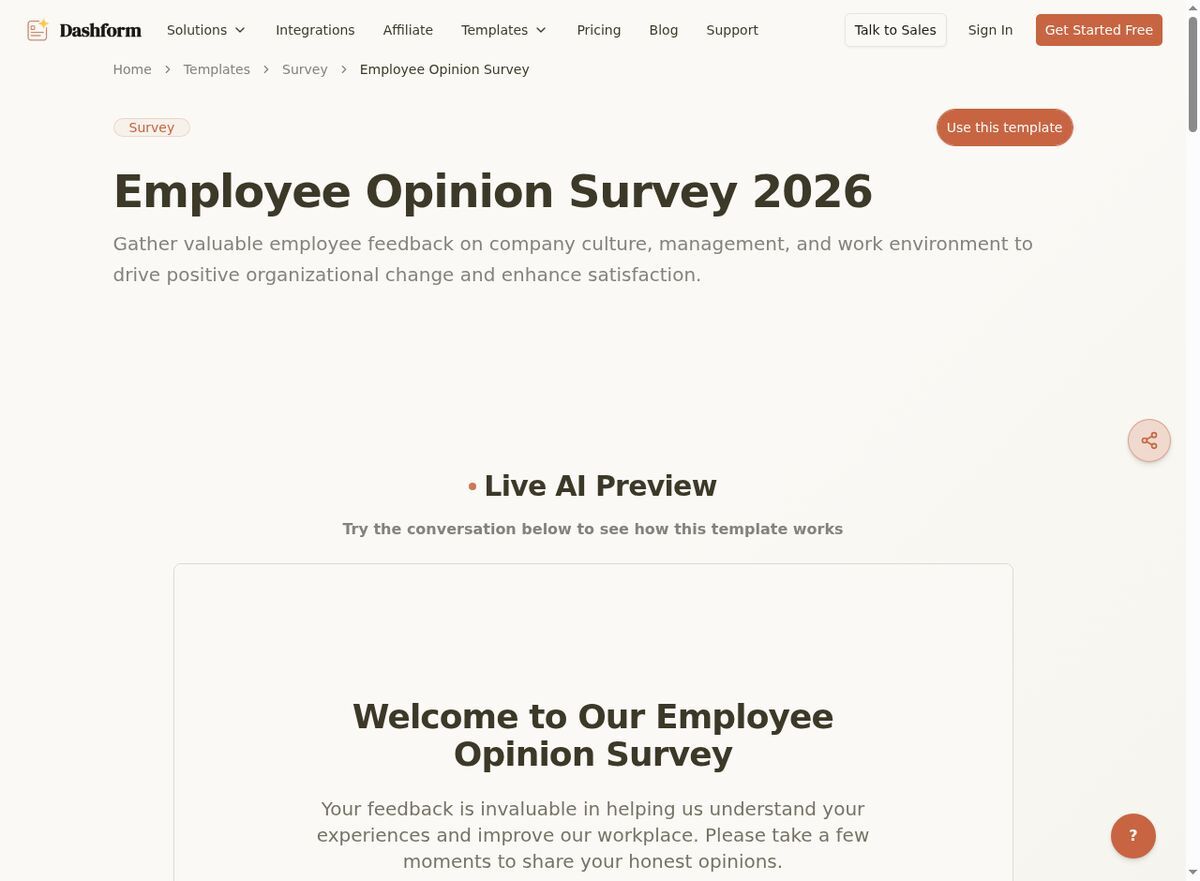 Dashform Employee Opinion Survey template page screenshot