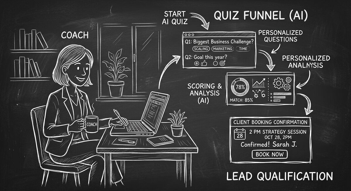 AI quiz generator for coaches showing automated client qualification funnel