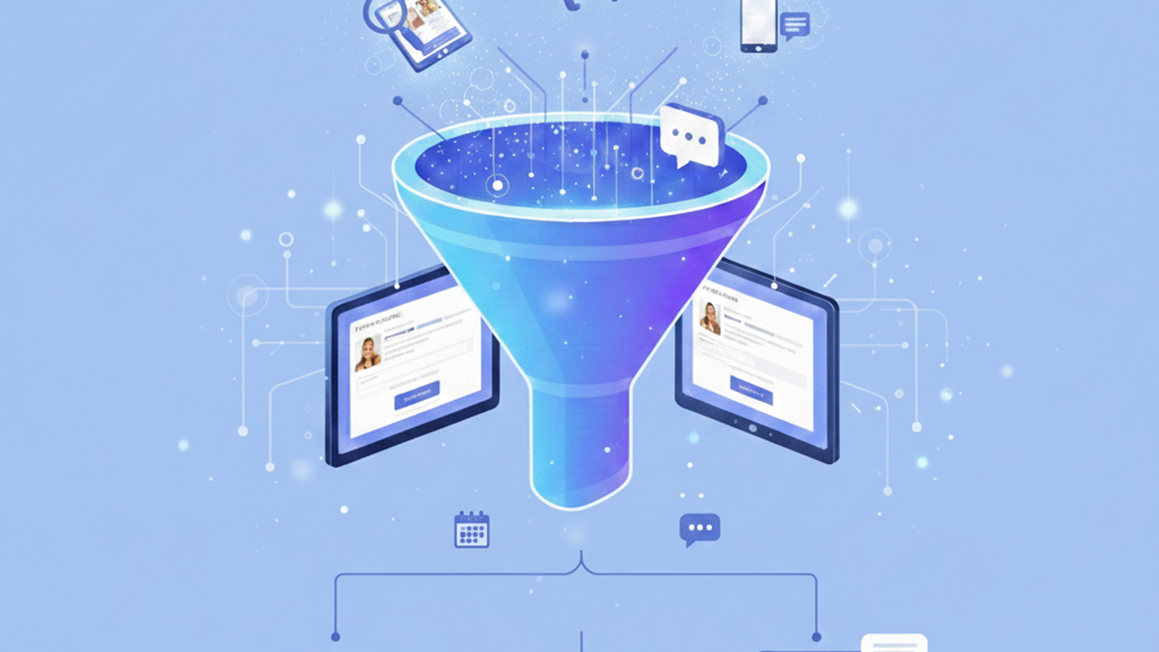 A blue digital funnel processing marketing inputs into customer profiles and communication channels.