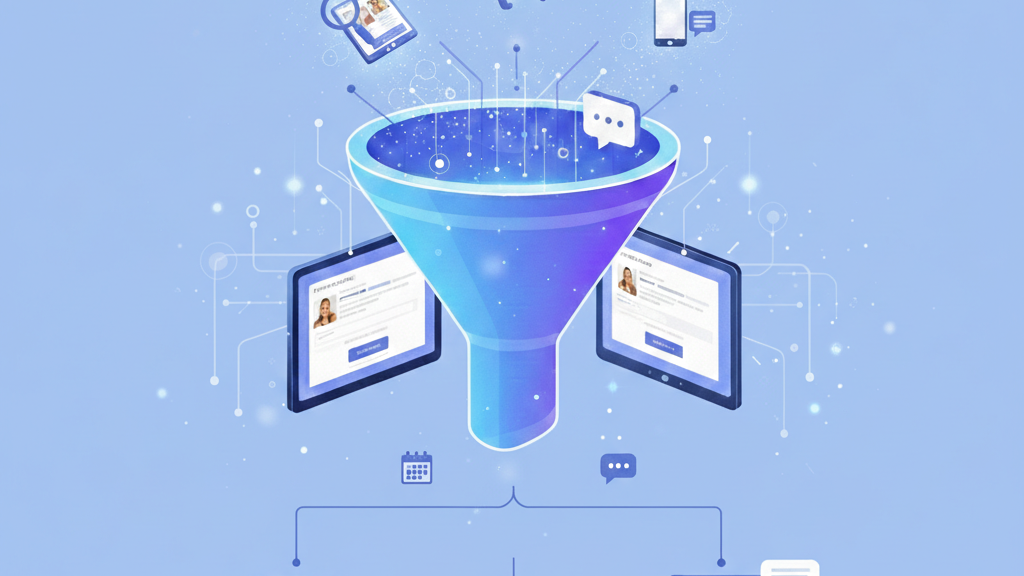 A blue digital funnel processing marketing inputs into customer profiles and communication channels.