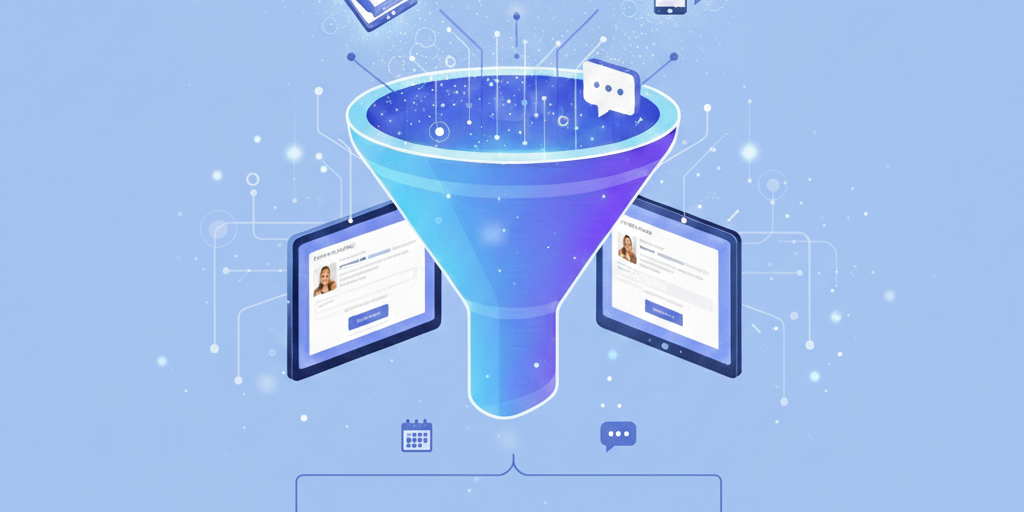 A blue digital funnel processing marketing inputs into customer profiles and communication channels.