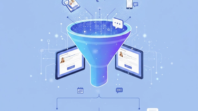 A blue digital funnel processing marketing inputs into customer profiles and communication channels.