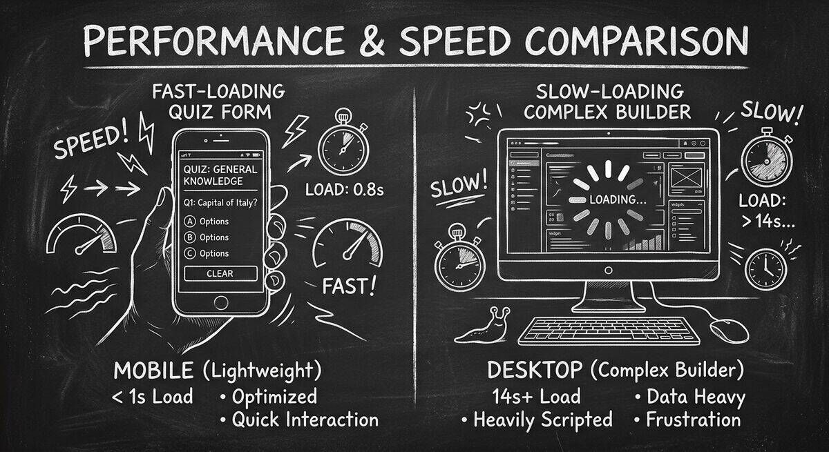 Mobile quiz form with speed metrics versus complex desktop funnel builder with loading spinner