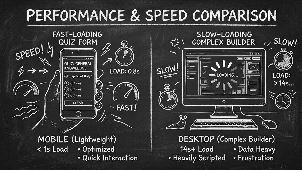Mobile quiz form with speed metrics versus complex desktop funnel builder with loading spinner