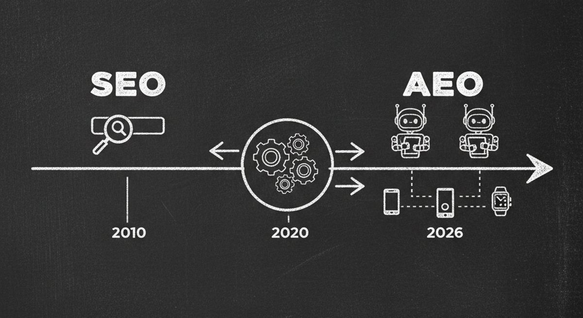 Chalkboard illustration showing the evolution from SEO to AEO with timeline arrow and AI agent icons