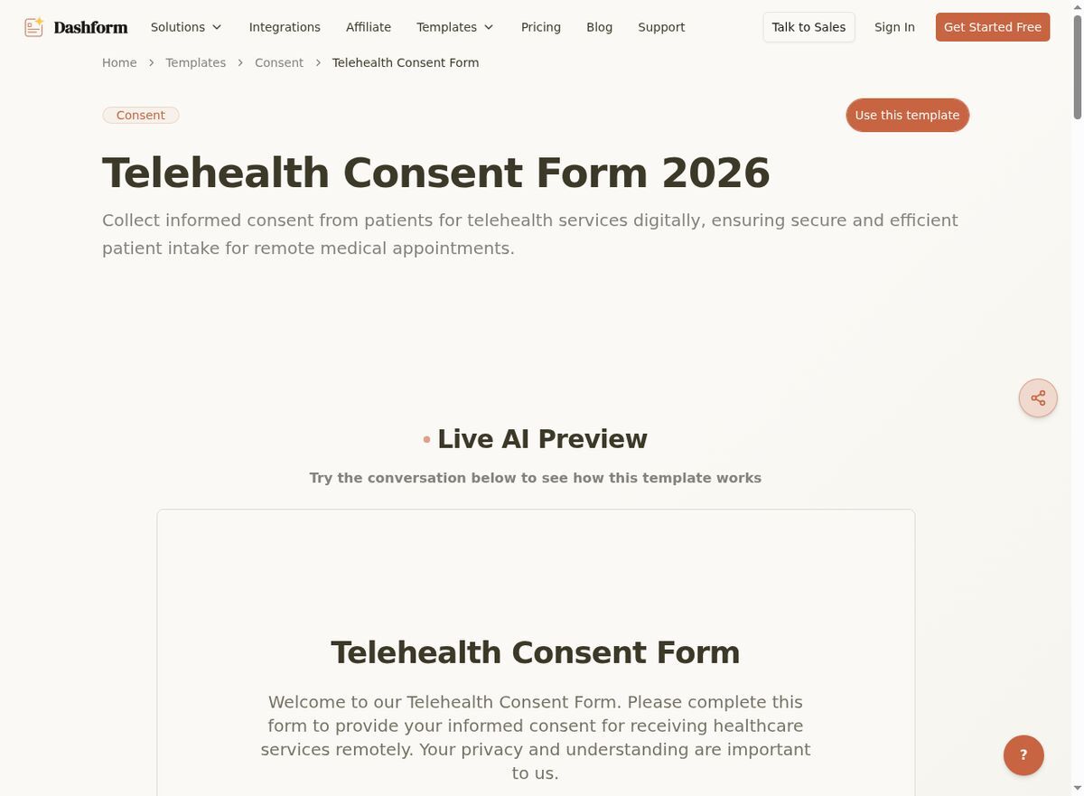 Dashform Telehealth Consent Form template page screenshot