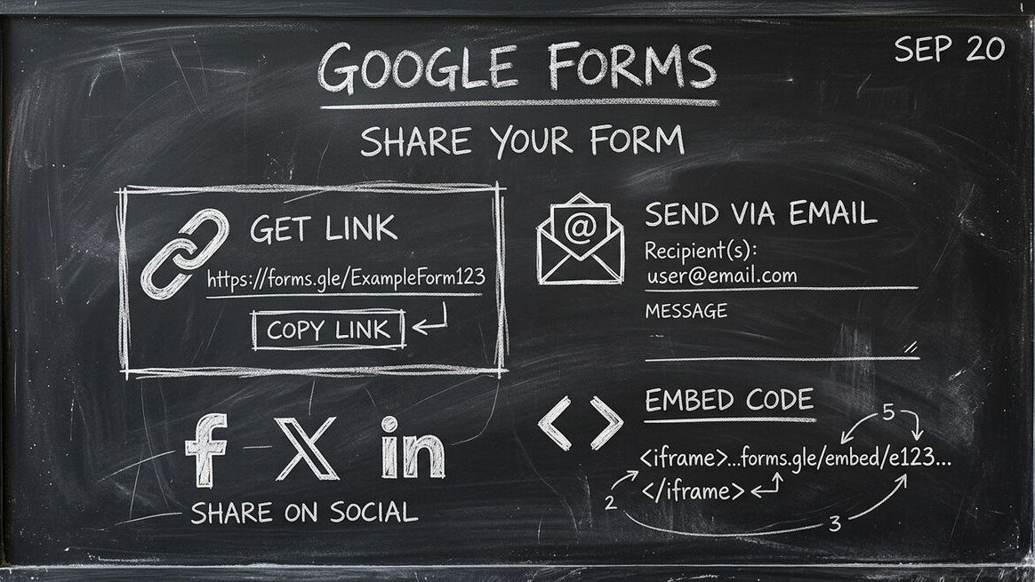 Google Forms sharing options: link, email, embed, and social media