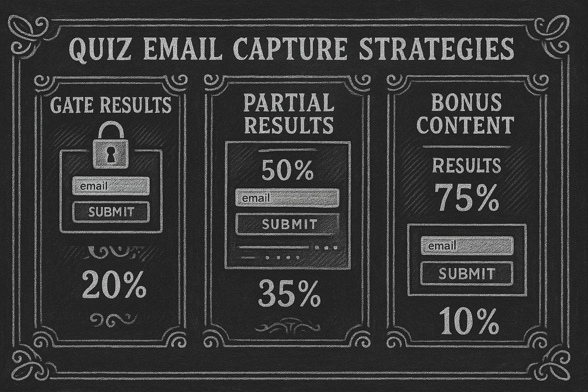 Chalkboard illustration showing three quiz email capture strategies: Gate Results, Partial Results, and Bonus Content