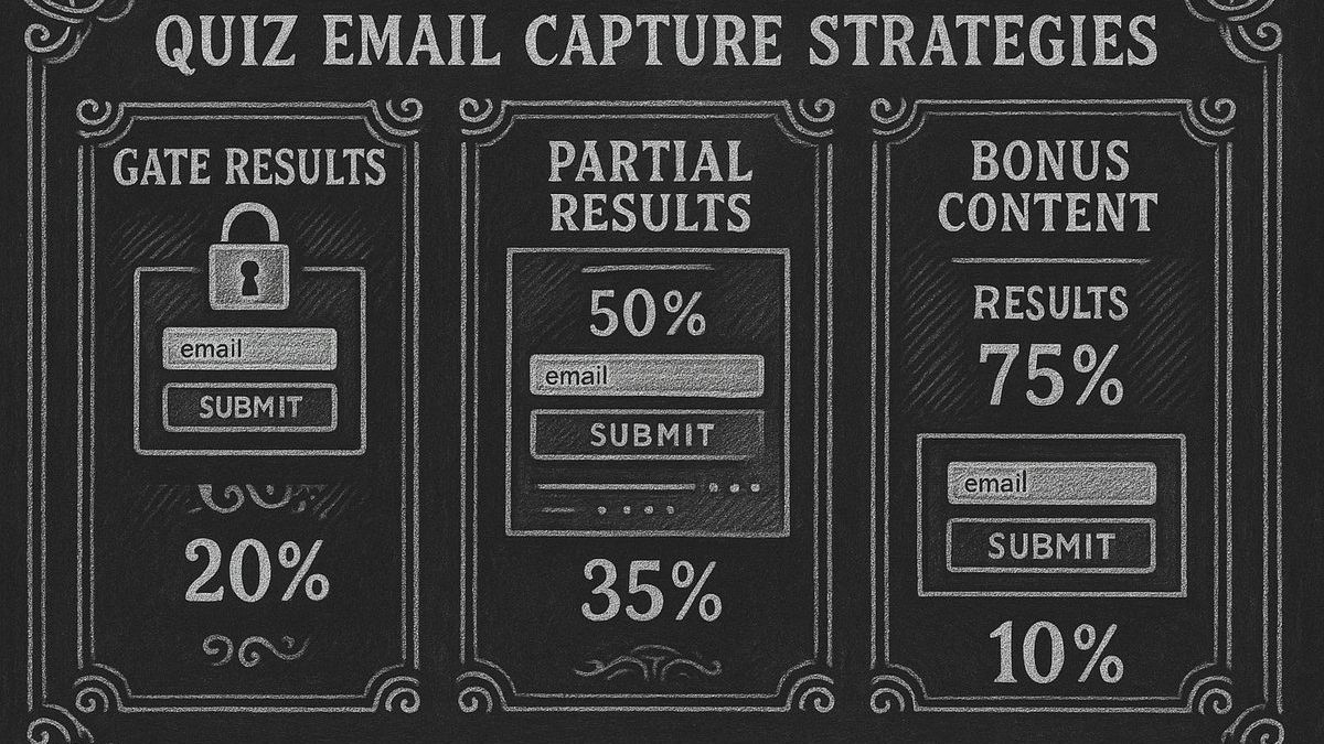 Chalkboard illustration showing three quiz email capture strategies: Gate Results, Partial Results, and Bonus Content