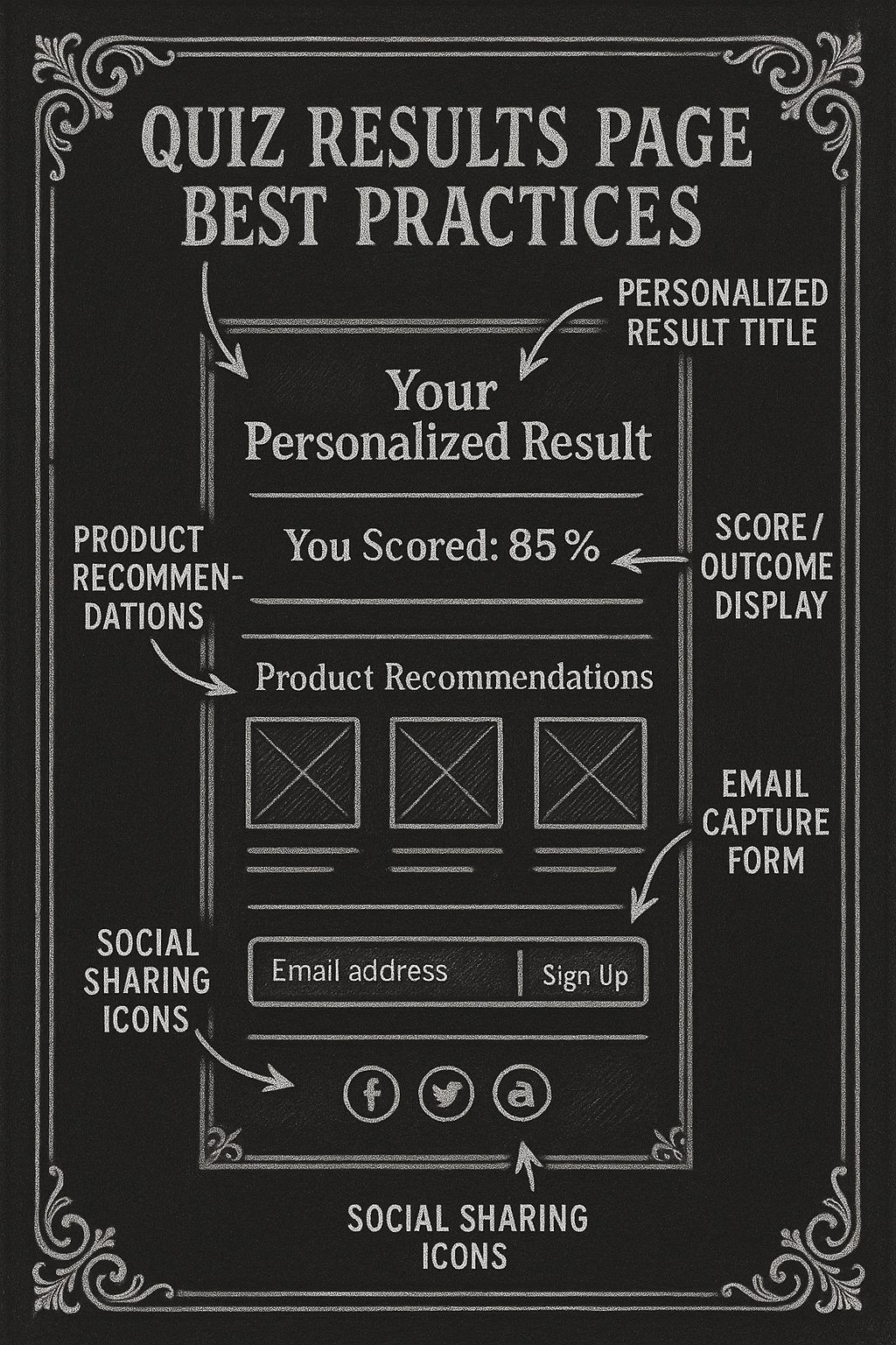 Chalkboard illustration showing quiz results page wireframe with personalized title, score display, recommendations, email capture CTA, and social sharing icons