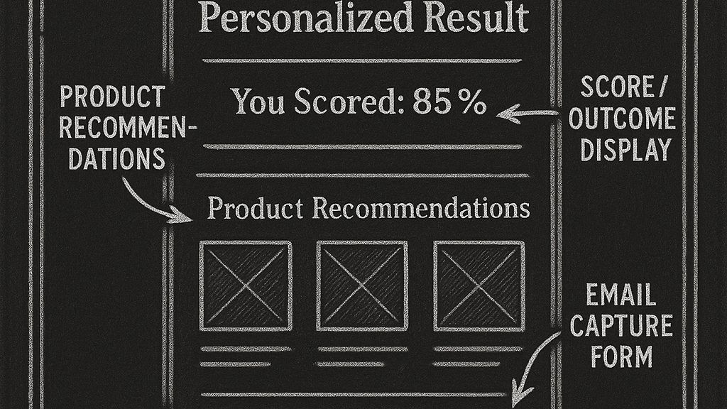 Chalkboard illustration showing quiz results page wireframe with personalized title, score display, recommendations, email capture CTA, and social sharing icons