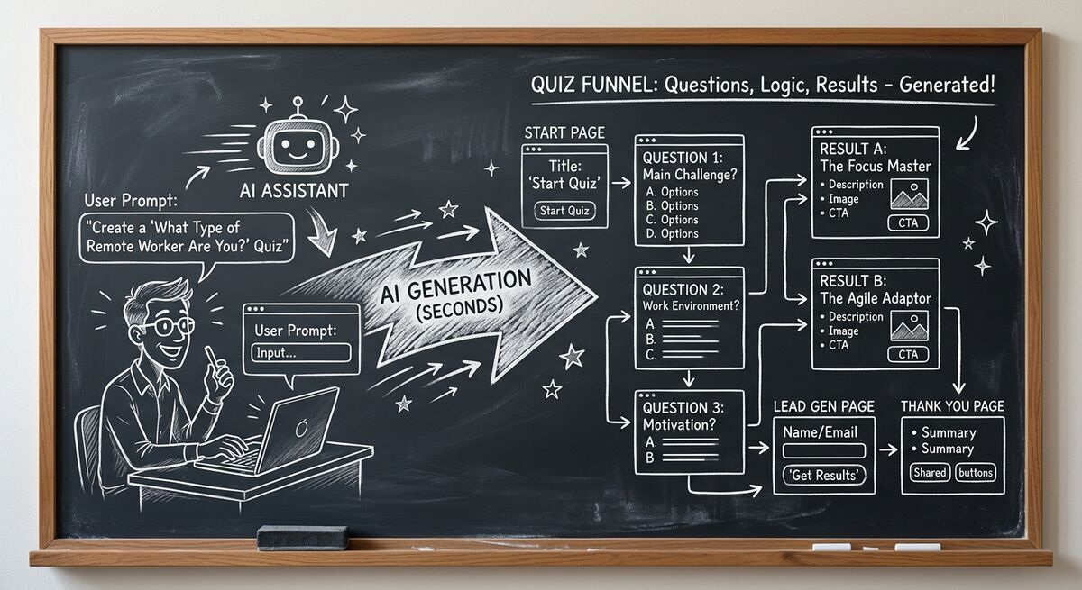 AI assistant generating a complete quiz funnel from a text prompt in seconds