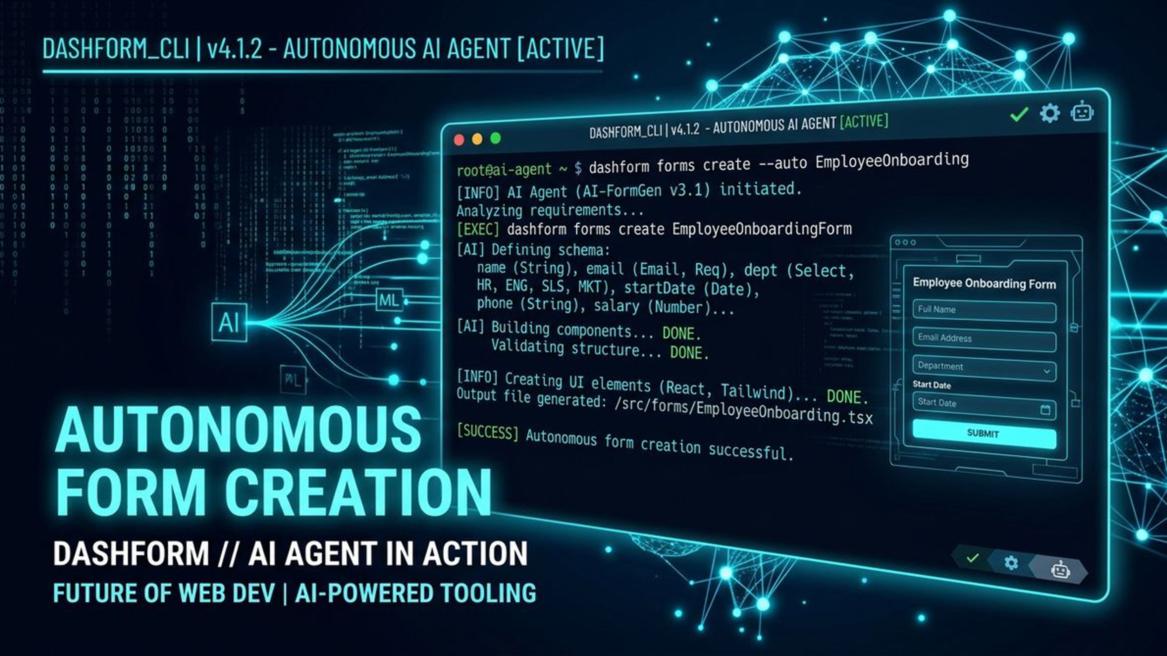 Dashform CLI - The first form builder for AI agents, terminal interface with glowing code