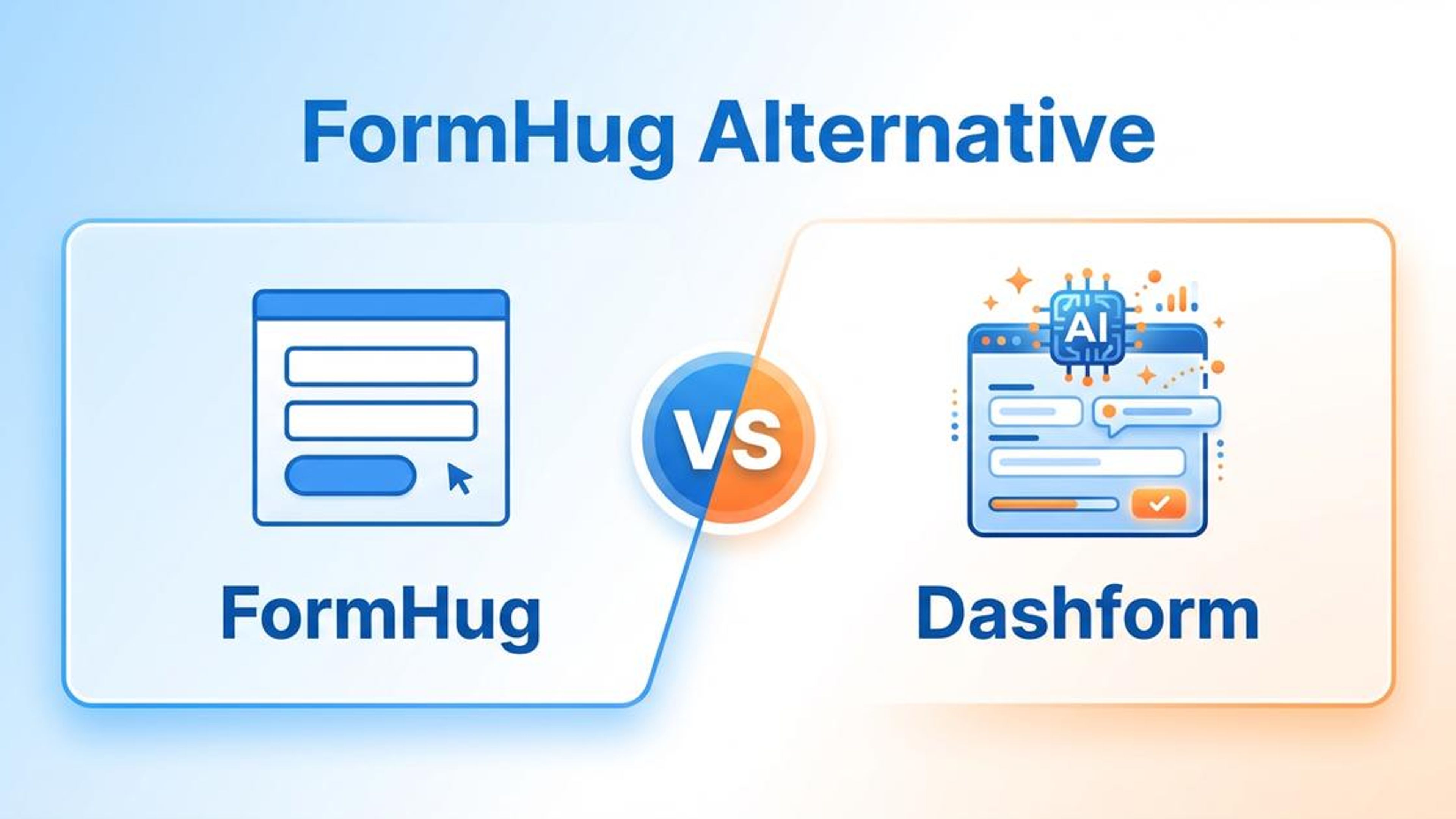 FormHug vs. Dashform comparison, showing FormHug as a simple web form and Dashform as an AI-enhanced interface, titled 'FormHug Alternative'.