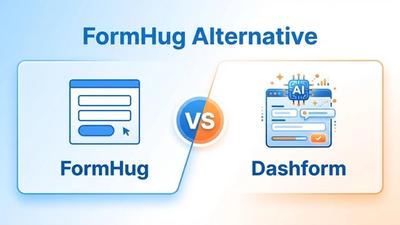 FormHug vs. Dashform comparison, showing FormHug as a simple web form and Dashform as an AI-enhanced interface, titled 'FormHug Alternative'.